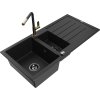 Granitový drez Mexen Andres s 1,5 misy, odkapávačom a kuchynskou batériou Flora, čierny - 6515-77-670401-57-B