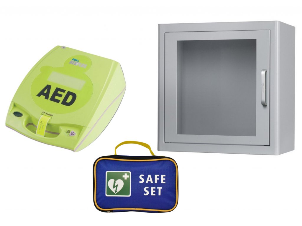 AKČNÍ SADA 3v1: AED defibrilátor ZOLL Plus včetně resuscitační sady a skříňky s alarmem