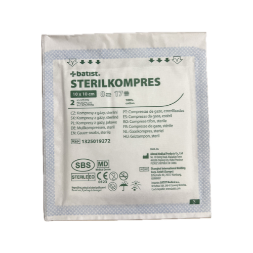 Gázový kompres, 17 nití, 8 vrstev, 10x10 cm, sterilní 1 ks (2ks/blistr)