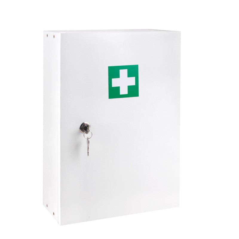STERIWUND Dřevěná nástěnná lékárna na zeď -bílá 43cm x 30cm x 14cm, vybavená pro 30 osob