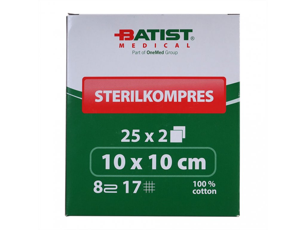 Gázový kompres, 8 nití, 17 vrstev, 10x10 cm, sterilní 25 ks balení (2 ks blistr)