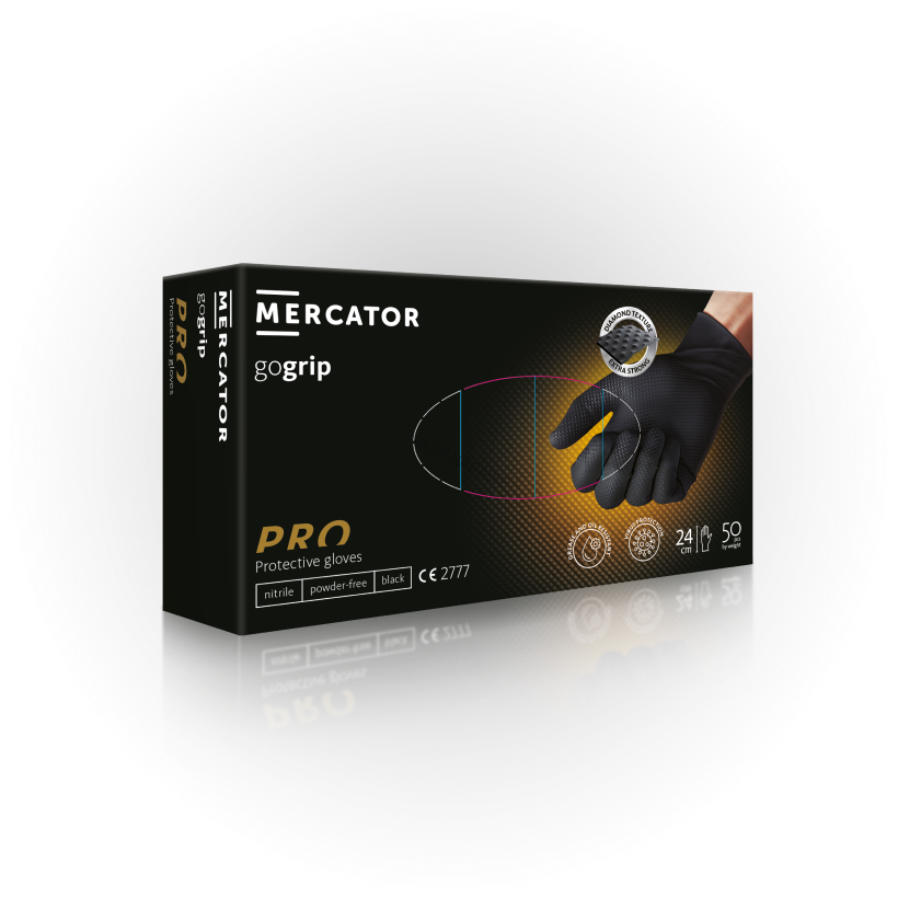 MERCATOR MEDICAL MERCATOR GoGrip Black – zesílené nitrilové rukavice s diamantovou texturou (50 ks) Velikost: L