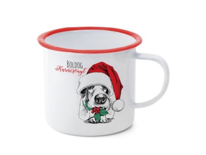 Bogre kutyaval Boldog Karacsonyt felirattal badog 11x11x10 cm feher i816817