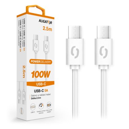Datový kabel ALIGATOR POWER 100W, USB-C/USB-C 5A, 2,5m bílý