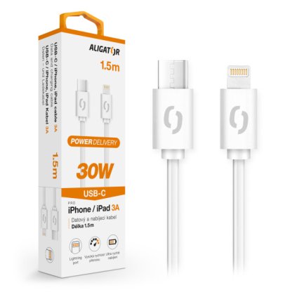 Datový kabel ALIGATOR POWER 30W, USB-C/Lightning 3A 1,5m, bílý