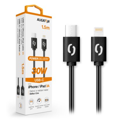 Datový kabel ALIGATOR POWER 30W, USB-C/Lightning 3A 1,5m, černý