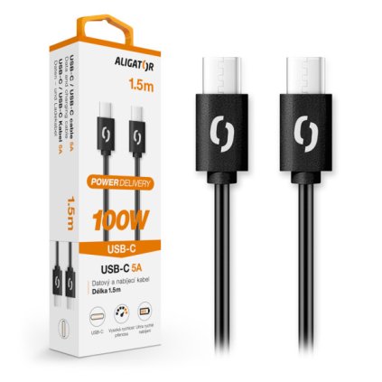 Adatkábel ALIGATOR POWER 100 W, USB-C/USB-C 5A, 1,5 m fekete
