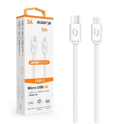 Datový kabel ALIGATOR POWER 3A, USB-C/micro USB 1m bílý