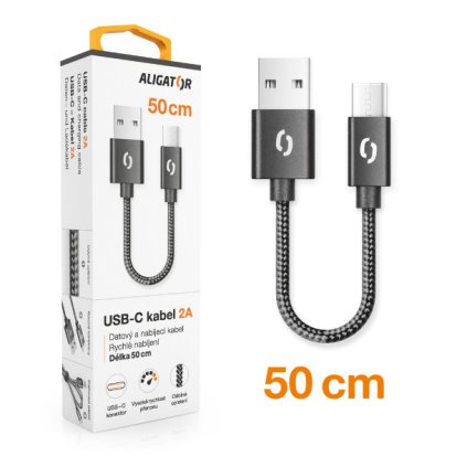 Adatkábel ALIGATOR PREMIUM 2A, USB-C 50cm fekete