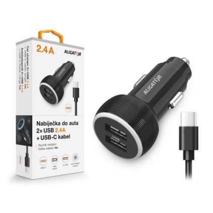 ALIGATOR car charger with USB-C cable and 2xUSB output 2.4A, black