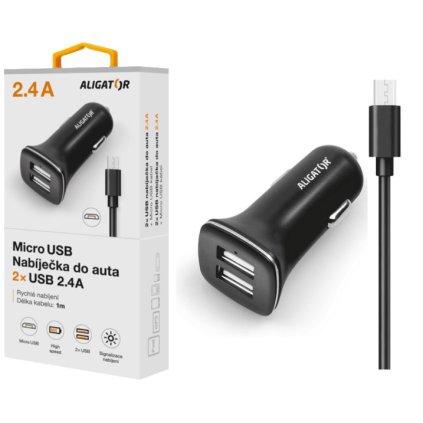 Nabíječka do auta ALIGATOR s Micro USB kabelem a 2xUSB výstupem 2,4A, Turbo charge, černá