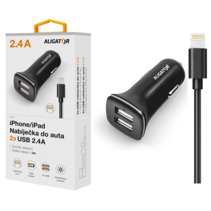 ALIGATOR Car Charger for iPh 5/6/7/8 with 2xUSB 2.4A Output, Turbo Charge, Black