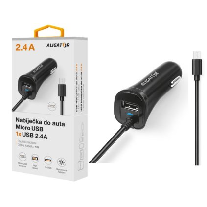 Car Charger ALIGATOR, Micro USB with USB output, 2.4A, black