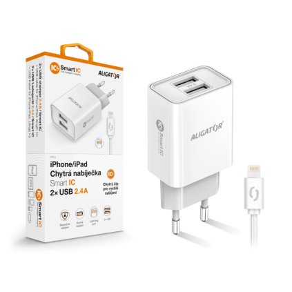 ALIGATOR Charger, iPhone/iPad, 2xUSB output, smart IC, white