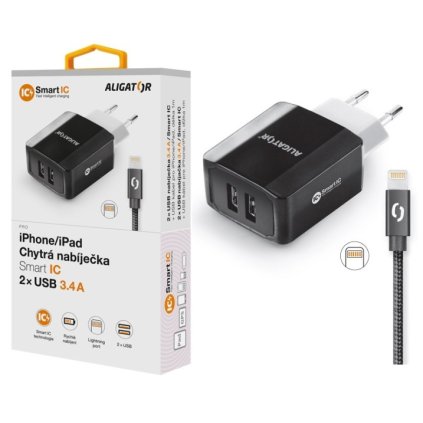 Smart charger ALIGATOR 3.4A, 2xUSB, with cable for iPhone/iPad, Smart IC, black