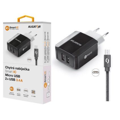 682 682 682 chytra nabijecka aligator 3 4a 2xusb s kabelem micro usb smart ic cerna