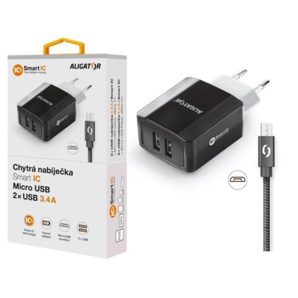 Chytrá nabíječka ALIGATOR 3.4A, 2xUSB, s kabelem Micro USB, Smart IC, černá