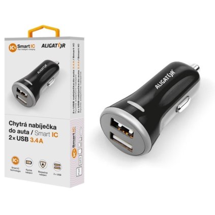 ALIGATOR autós töltő, 2xUSB 3.4A, eredeti fekete
