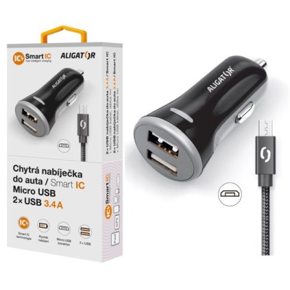 Nabíječka do auta ALIGATOR s Micro USB kabelem a 2xUSB výstupem 3.4A, černá