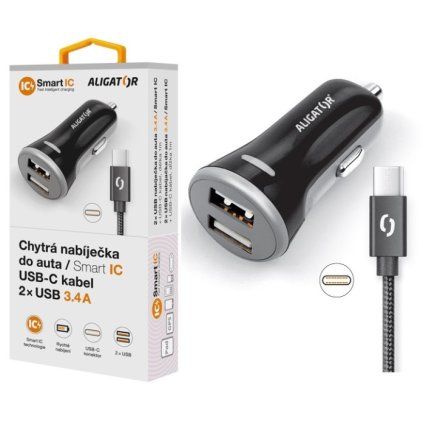 6925 nabijecka do auta aligator s usb c kabelem a 2xusb vystupem 3 4a cerna