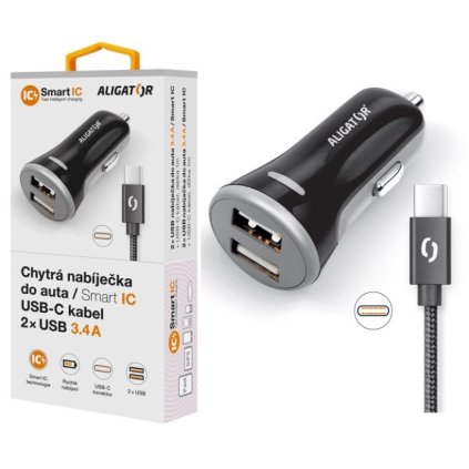 ALIGATOR autós töltő USB-C kábellel és 2xUSB 3.4A kimenettel, fekete