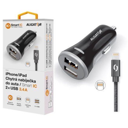 Chytrá nabíječka do auta ALIGATOR 3.4A, 2xUSB, smart IC, černá, USB kabel pro iPhone/iPad, černá