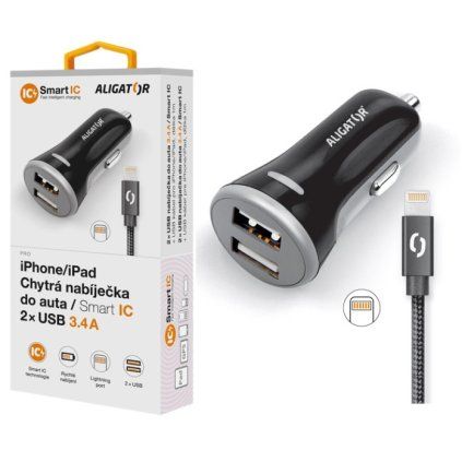 Inteligentná nabíjačka do auta ALIGATOR 3.4A, 2xUSB, smart IC, čierna, USB kábel pre iPhone/iPad, čierna