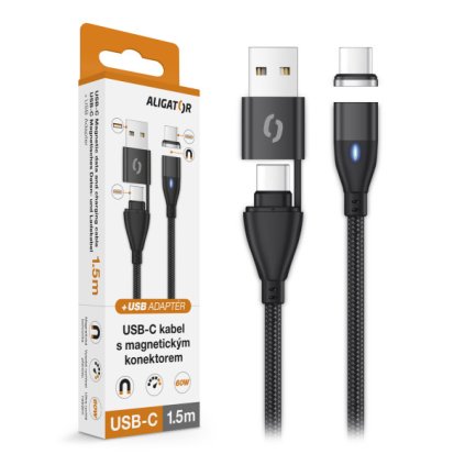 ALIGATOR MAGNETIC 3A 65W Data Cable, USB-C+USB/USB-C 1.5m
