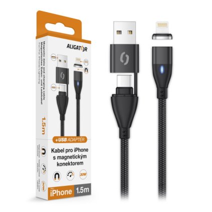ALIGATOR MAGNETIC 3A 30W adatkábel, USB-C+USB/Lightning 1,5m