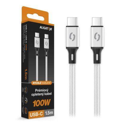 Dátový kábel ALIGATOR PREMIUM 5A 100W, USB-C/USB-C, biely