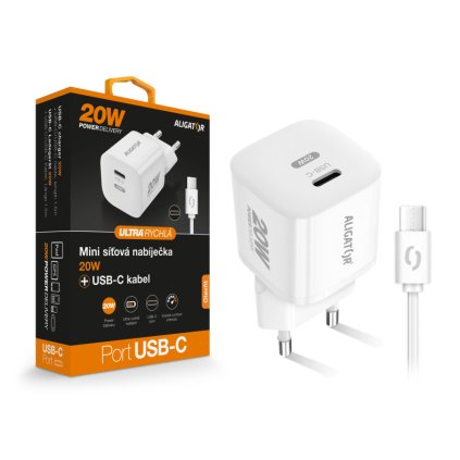 Gyorstöltő ALIGATOR Mini, PD 20W, USB-C/USB-C kábel, fehér