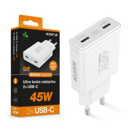 Fast charger ALIGATOR slim, PD 45W, 2xUSB-C, white