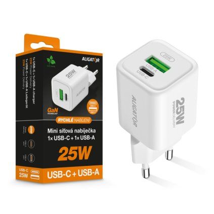 Rychlá nabíječka ALIGATOR Mini, PD 25W, USB + USB-C, bílá
