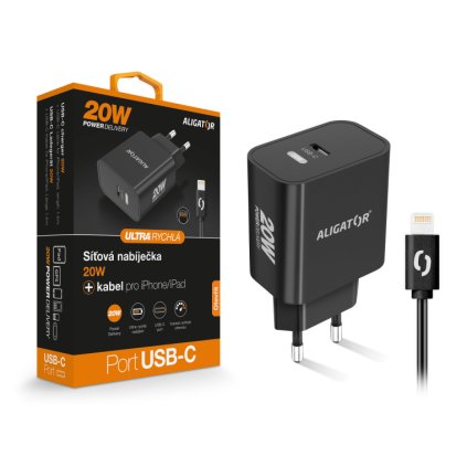 Rychlá nabíječka USB-C ALIGATOR PD 20W s kabelem USB-C/Lightning(iPhone), černá