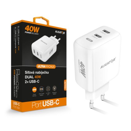 Rychlá nabíječka ALIGATOR, PD 40W 2xUSB-C, bílá