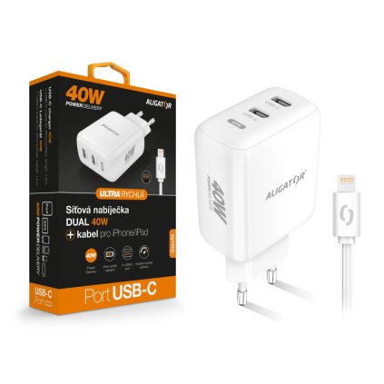 Fast charger ALIGATOR, PD 40W, 2xUSB-C, USB-C/Lightning cable, white