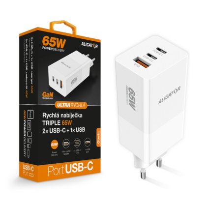 Fast charger ALIGATOR GaN, PD 65W, 2xUSB-C, 1xUSB-A, white