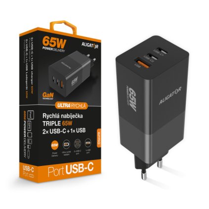 Fast charger ALIGATOR GaN, PD 65W, 2xUSB-C, 1xUSB-A, black