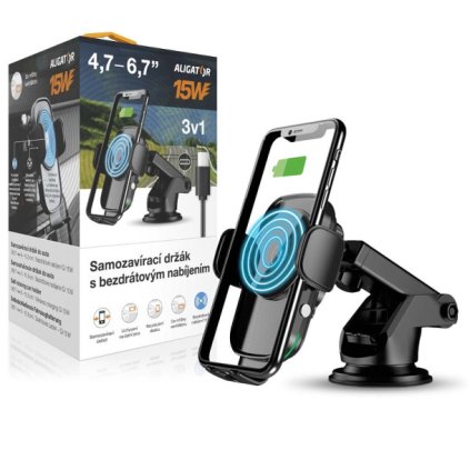 Samozavírací držák do auta ALIGATOR s bezdrátovým nabíjením 15W, 3v1