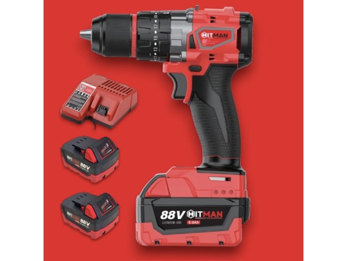 HITMAN HT-M18-6807XC Akumulátorová príklepová vŕtačka 88 V, 13 mm kovové skľučovadlo, červená veľká batéria