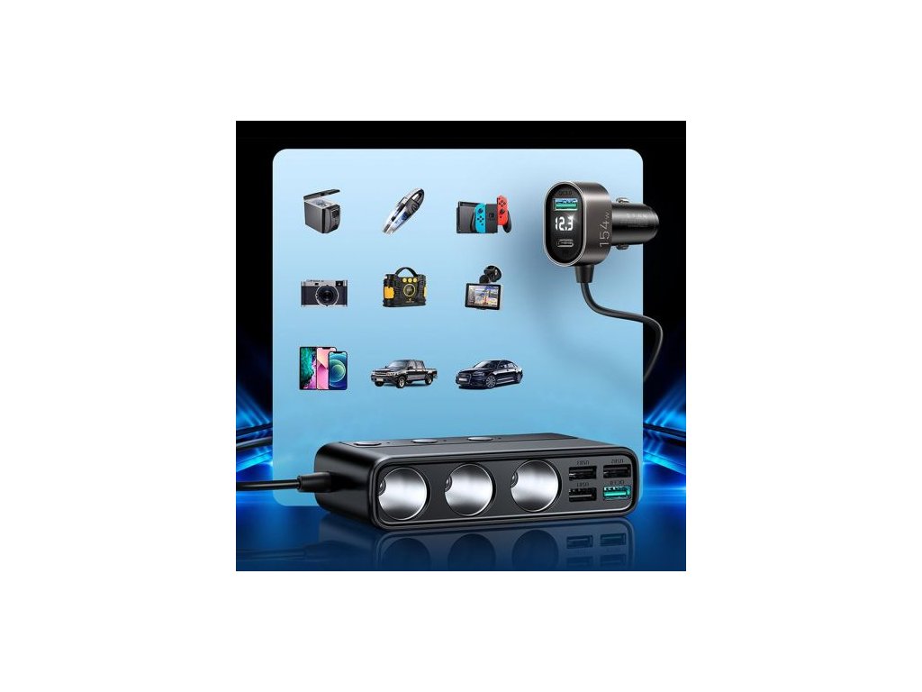 Joyroom Car Charger 9-in-1, (C+U+U+U+U+U+ 3 cigarette lighter socket) 154W,  čierna (JR-CL06) 