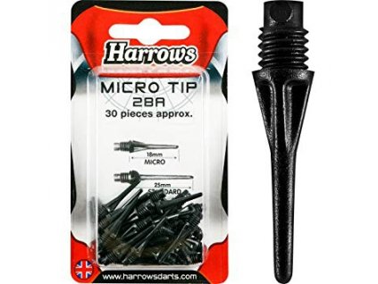 Hroty na šípky Harrows soft Micro, plastové, čierne 30 ks/bal, 18mm, závit 2BA