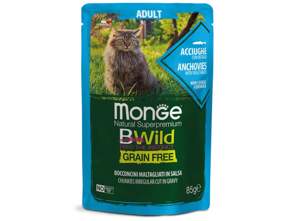 monge gatto umido bwild bocconcini acciughe con ortaggi adult