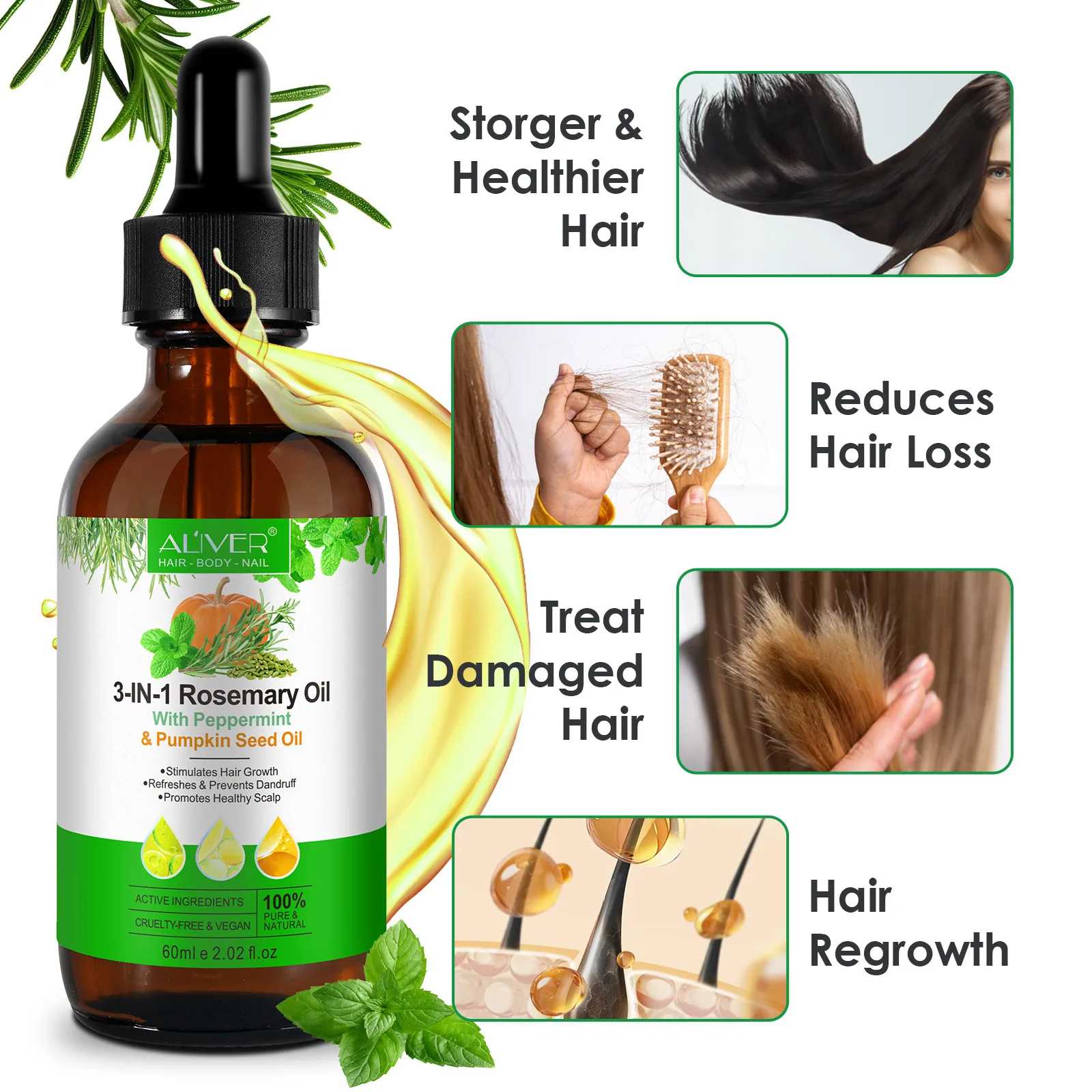 3 IN 1 Rosemary Oil Aliver with Peppermint & Pumpkin Seed Oil