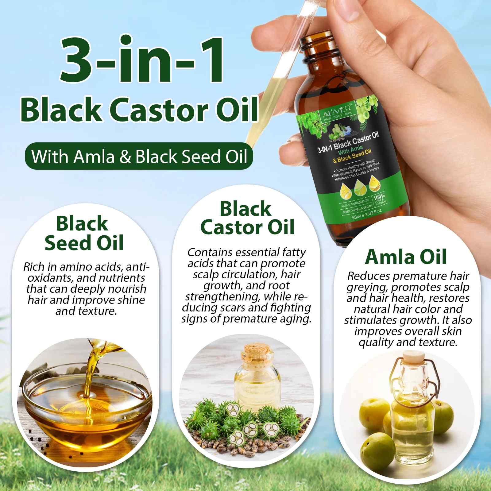 3 IN 1 Black Castor Oil Aliver with Amla & Black Seed Oil