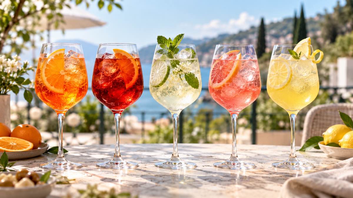 5 variant spritz koktejlu (Aperol, Campari, Hugo, Sarti, Limoncello)