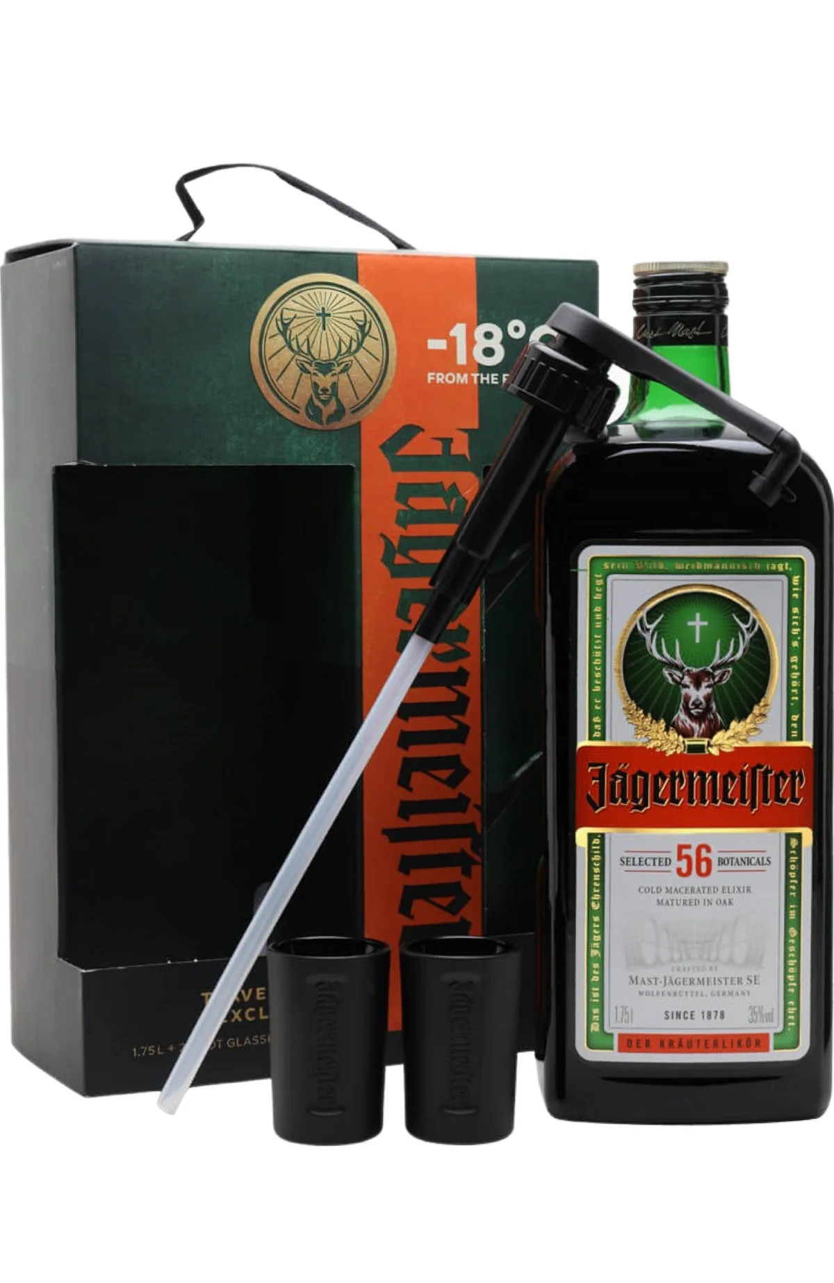 Jägermeister 35% 1,75l (dárkové balení s pumpou a 2 skleničkami)