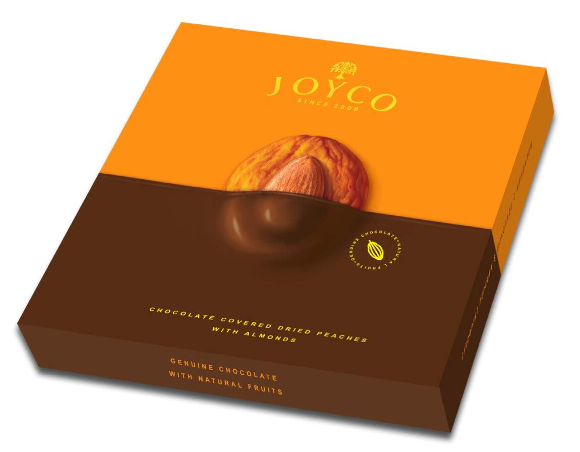Joyco - sušené broskve v čokoládě s mandlemi 190g