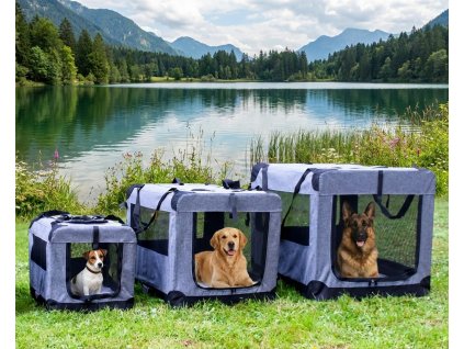 Skládací přepravní box - bouda pro všechna plemena psů - vzor DENIM šedý