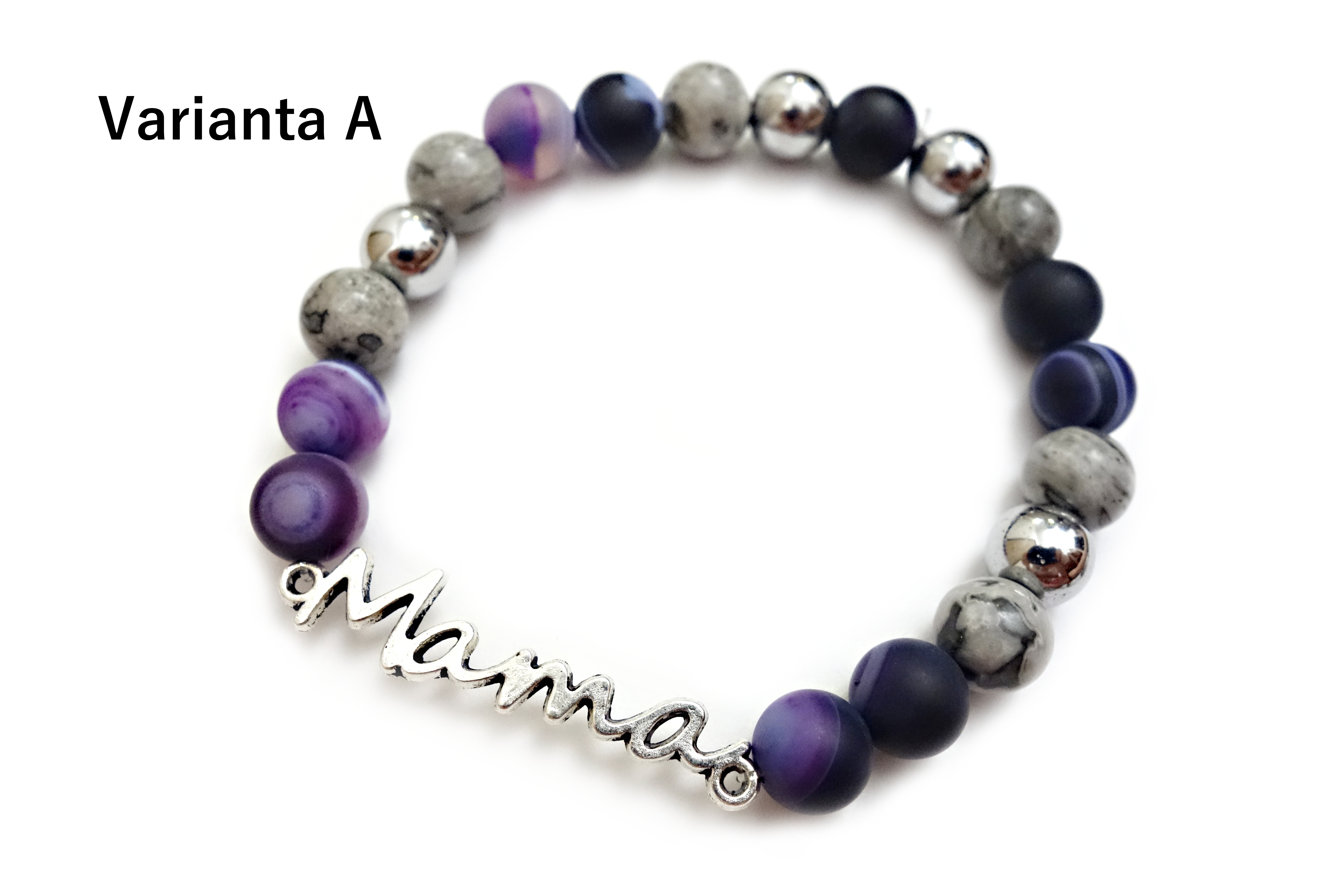 Mama - 2 varianty náramků z minerálů Varianta: A: fialový achát, jaspis, stříbrný hematit